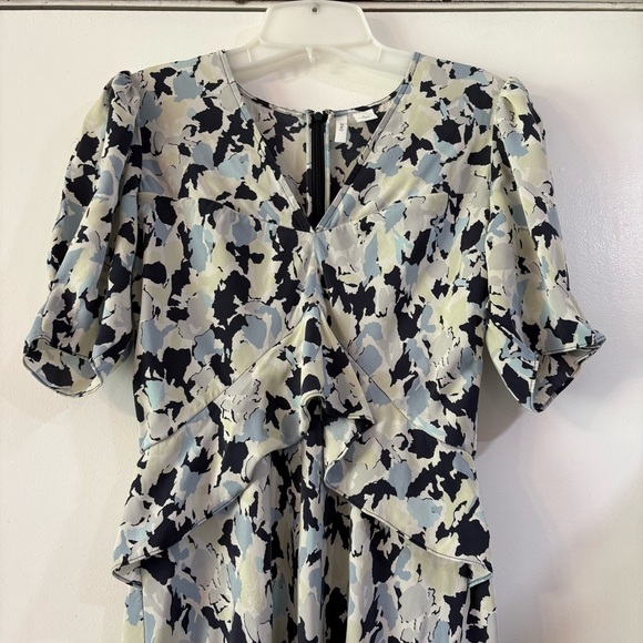 Lewit Silk Flounce Dress Ruffle Blue Green A-Line Printed Womens 6 Short Sleeve - Picture 4 of 12